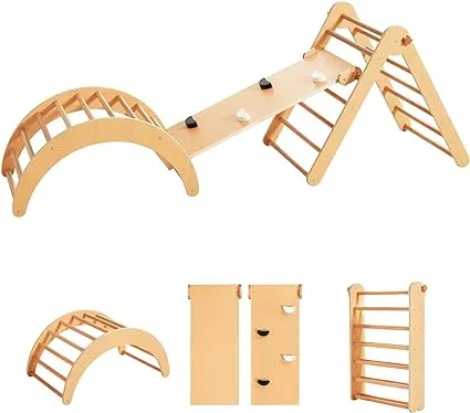 4 In 1 Pikler Triangle Gym, Montessori Foldable Indoor Climber with Ramp for Kids, Climbing Triangle for Toddlers Arch Climber, Rocker, Learning Waldorf Children Toy Structure, Natural