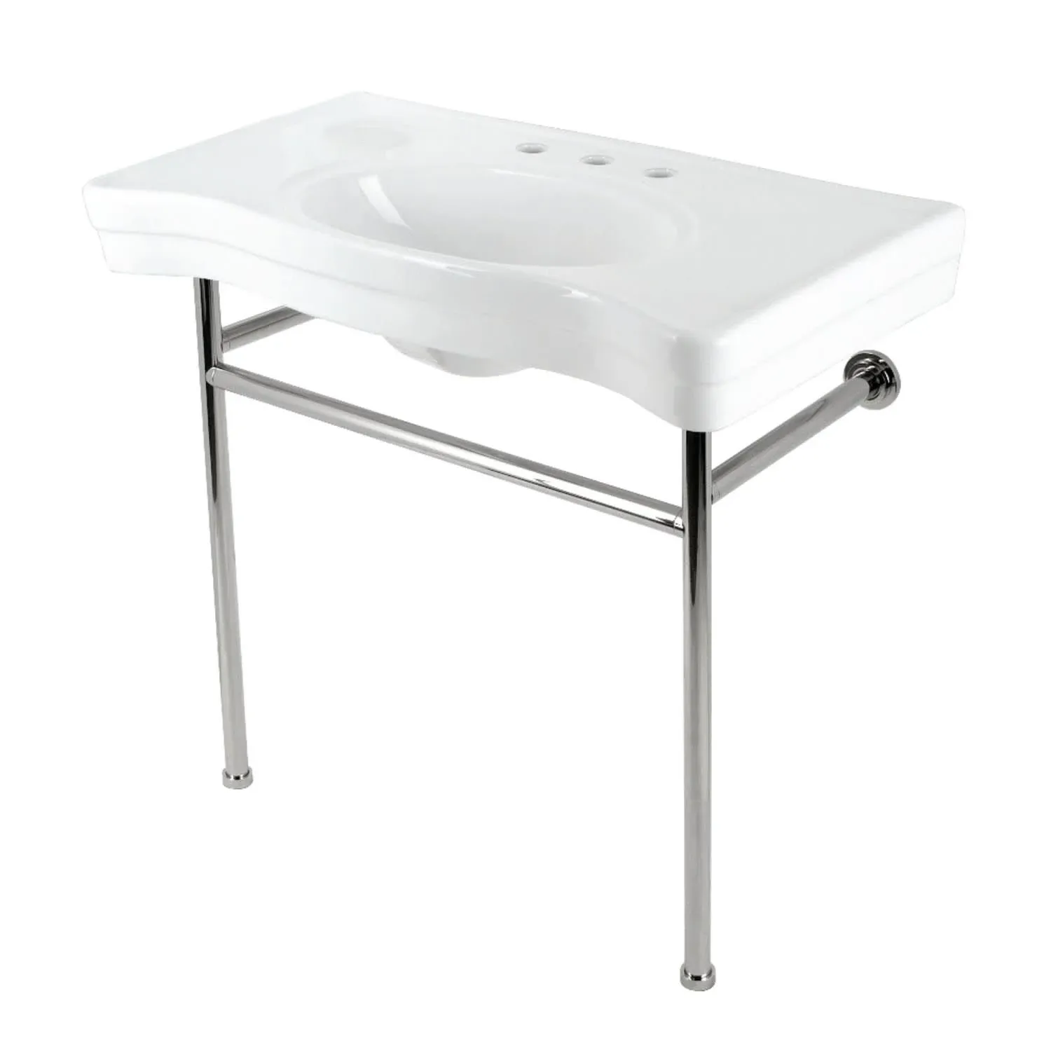 Fauceture VPB28140W86 Bristol 36" Ceramic Console Sink with Stainless Steel Legs, White/Polished Nickel