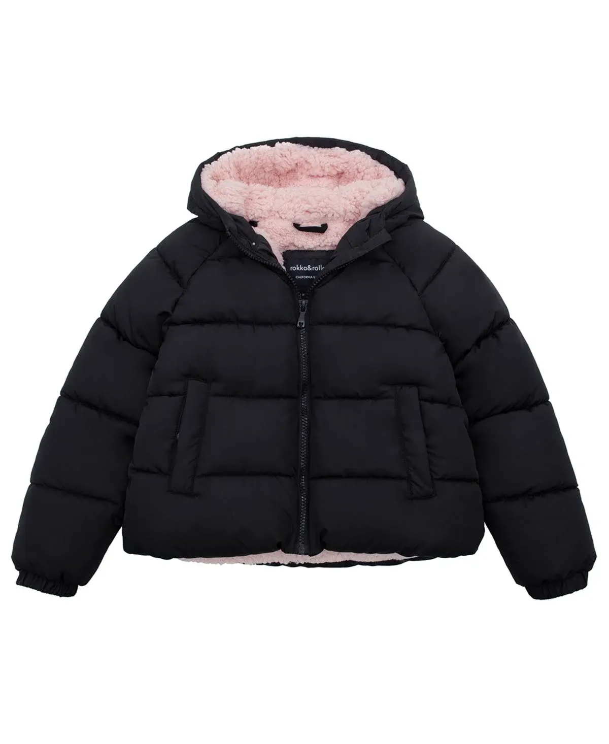 Rokka&Rolla Girls Heavyweight Puffer Jacket Sherpa Lined Bubble Coat - Rich Black