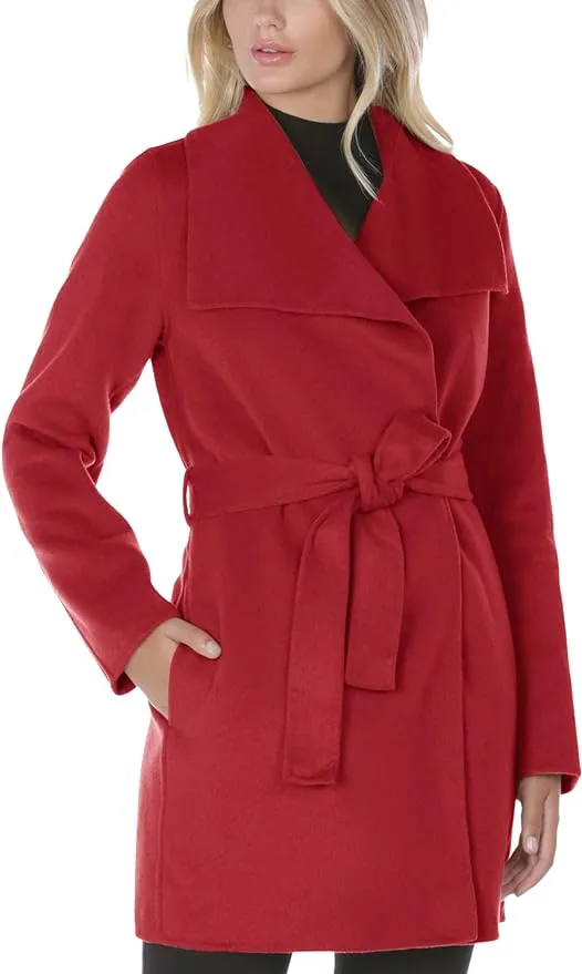 TAHARI Womens Ella Wool Blend Open Front Wrap Coat