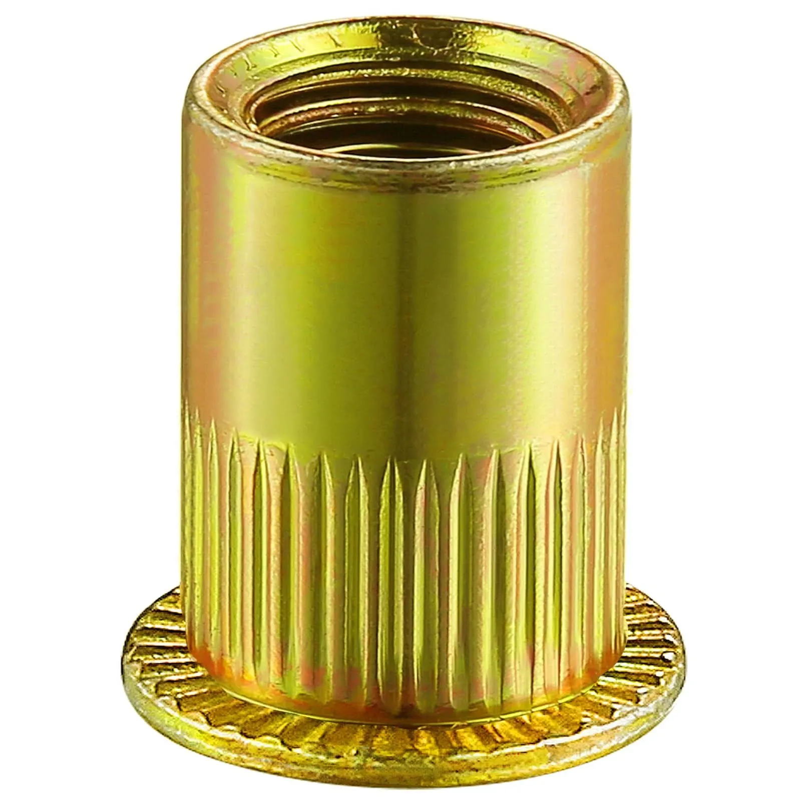 200Pcs Rivet Nut 1/4-20UNC Yellow Zinc Plated Finish Flat Head Rivnut Threaded Insert Nut Knurled Body