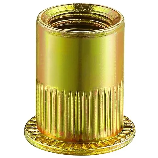 200Pcs Rivet Nut 1/4-20UNC Yellow Zinc Plated Finish Flat Head Rivnut Threaded Insert Nut Knurled Body