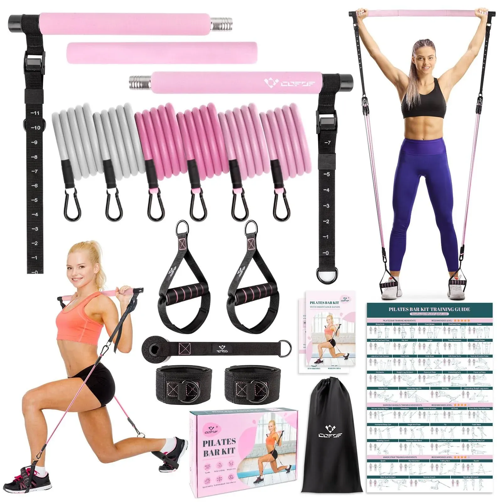 Pilates Bar Kit with Resistance Bands - Full Body Training Yoga Pilates Bar PINK