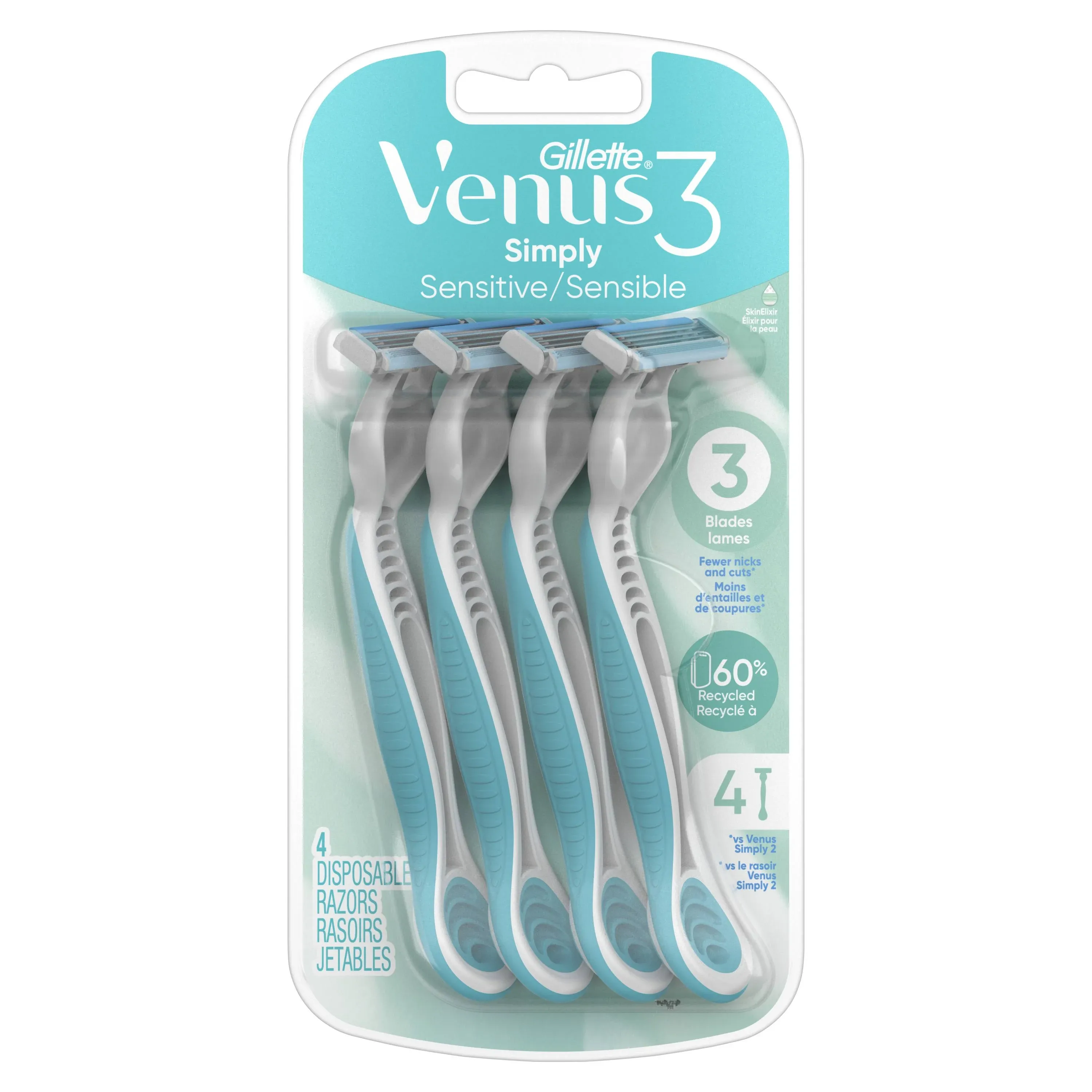 Gillette Venus Simply 3 Sensitive Women's Disposable Razors, Pack of 1 with 4 razors