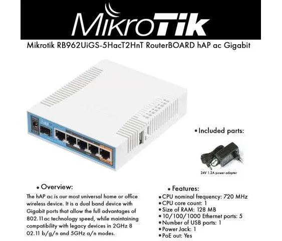 MikroTik hAP ac RB962UiGS-5HacT2HnT RouterBOARD Dual Concurrent Triple Chain 2.4/5GHz AP