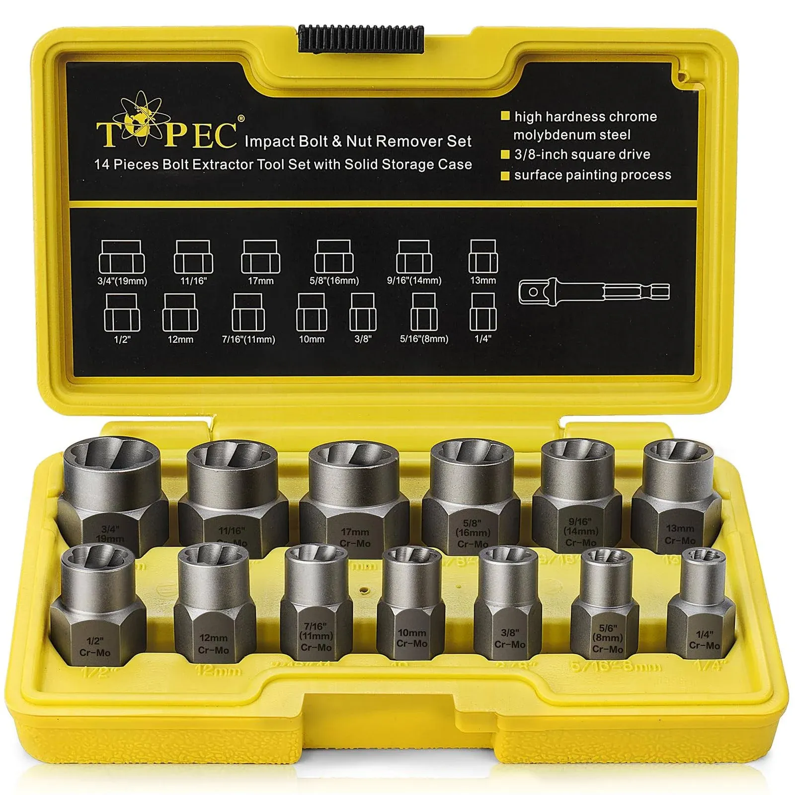 Topec Impact Bolt & Nut Remover Set 13+1 Pieces, Nut Extractor Socket, Bolt ...