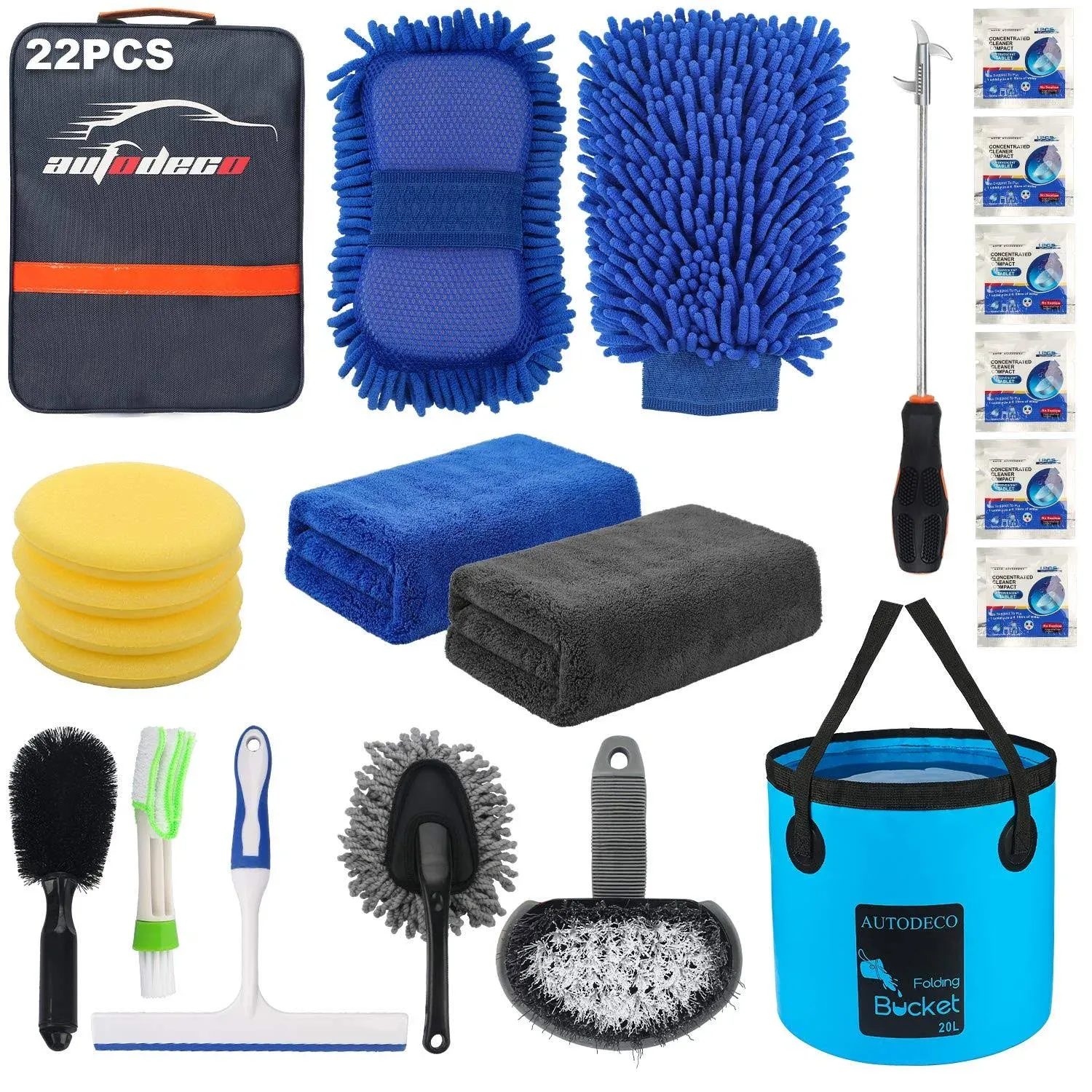 AUTODECO 22Pcs Car Wash Cleaning Tools Kit Set Chenille Microfiber Wash Mitt Sponge Towels Applicator Pads Wheel Brush Window Scraper Duster Tire Clearing Stone Hook Car Care Kit with Folding Bucket