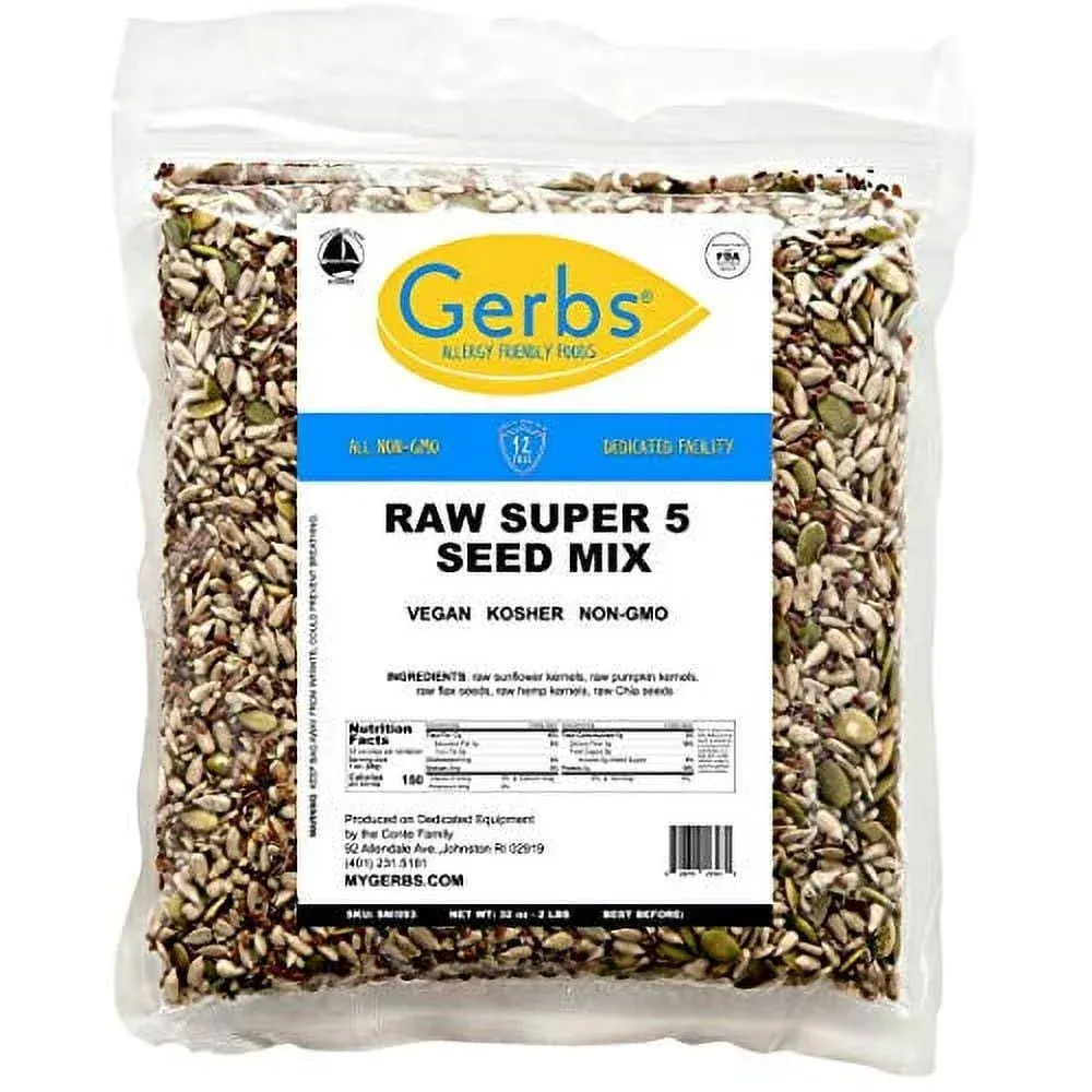 GERBS Super 5 Seed Snack Mix 2 LBS. Premium Grade | Top 14 Food Allergy Free | Resealable Bulk Bag | Made in USA | Raw Pumpkin Sunflower Chia Hemp Flax Seed Trail Mix | Gluten Peanut Tree Nut Free