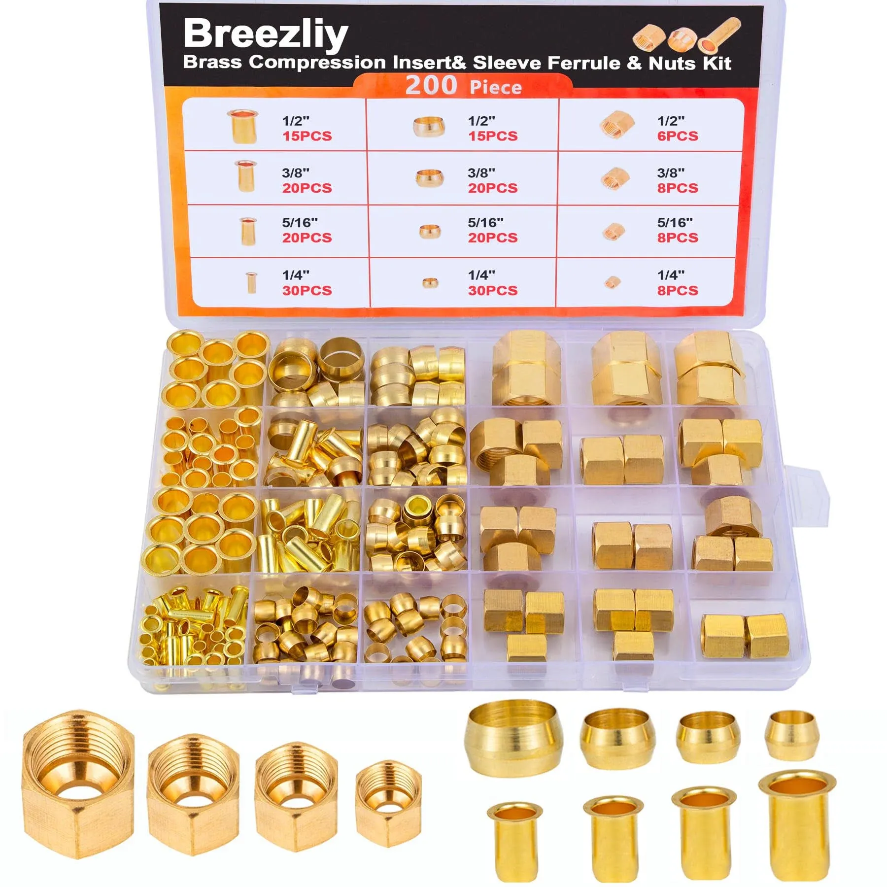 Breezliy 1/4", 3/8", 5/16", 1/2" OD Brass Compression Insert,Sleeve Ferrule,Nut 200PCS