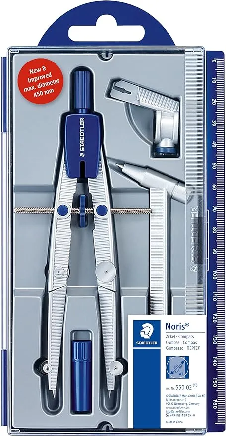 STAEDTLER 550 02 Noris School Compass with Centre Wheel, Extension Bar, Universal Adapter and Lead Box (350 mm Diameter)