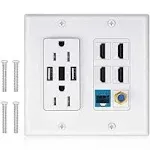 2 Power Outlet 15A with Dual 2.4a USB Charger Port Wall Plate with LED Lighting, IQIAN 4 HDMI HDTV + 1 Cat6 RJ45 Ethernet + Coaxial Cable TV F Type