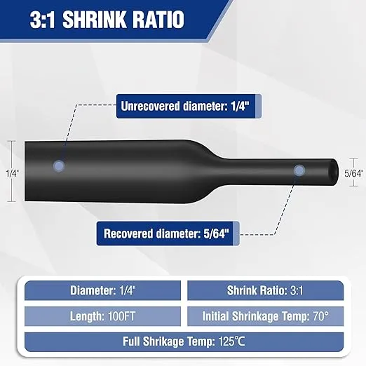 WORKPRO 100 FT 3/8" Heat Shrink Tubing, 3:1 Ratio Dual Wall Adhesive Lined Heat Wire Shrink Wrap Tubing, Industrial and Marine Grade Shrinking Cable Tube, Flame Retardant and Waterproof, Black