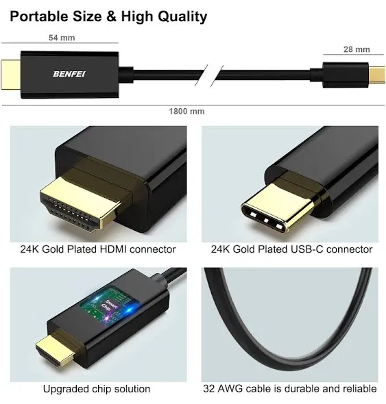 BENFEI 2 Pack USB C to HDMI 6 Feet Cable, USB Type-C to HDMI Cable, Thunderbolt 3/4 Compatible with iPhone 15 Pro/Max, MacBook Pro/Air 2023, iPad Pro