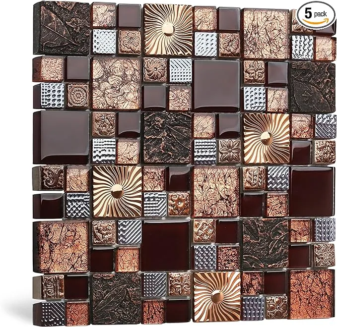 Blujellyfish Red Wine Colors Glass Tile 2'' x 2'' Leaf Carving Imprints Antique Mosaics Textured Rose Gold Metal Kitchen Bathroom Walls Backsplash Tiles (Pack of 5 Square Feet)