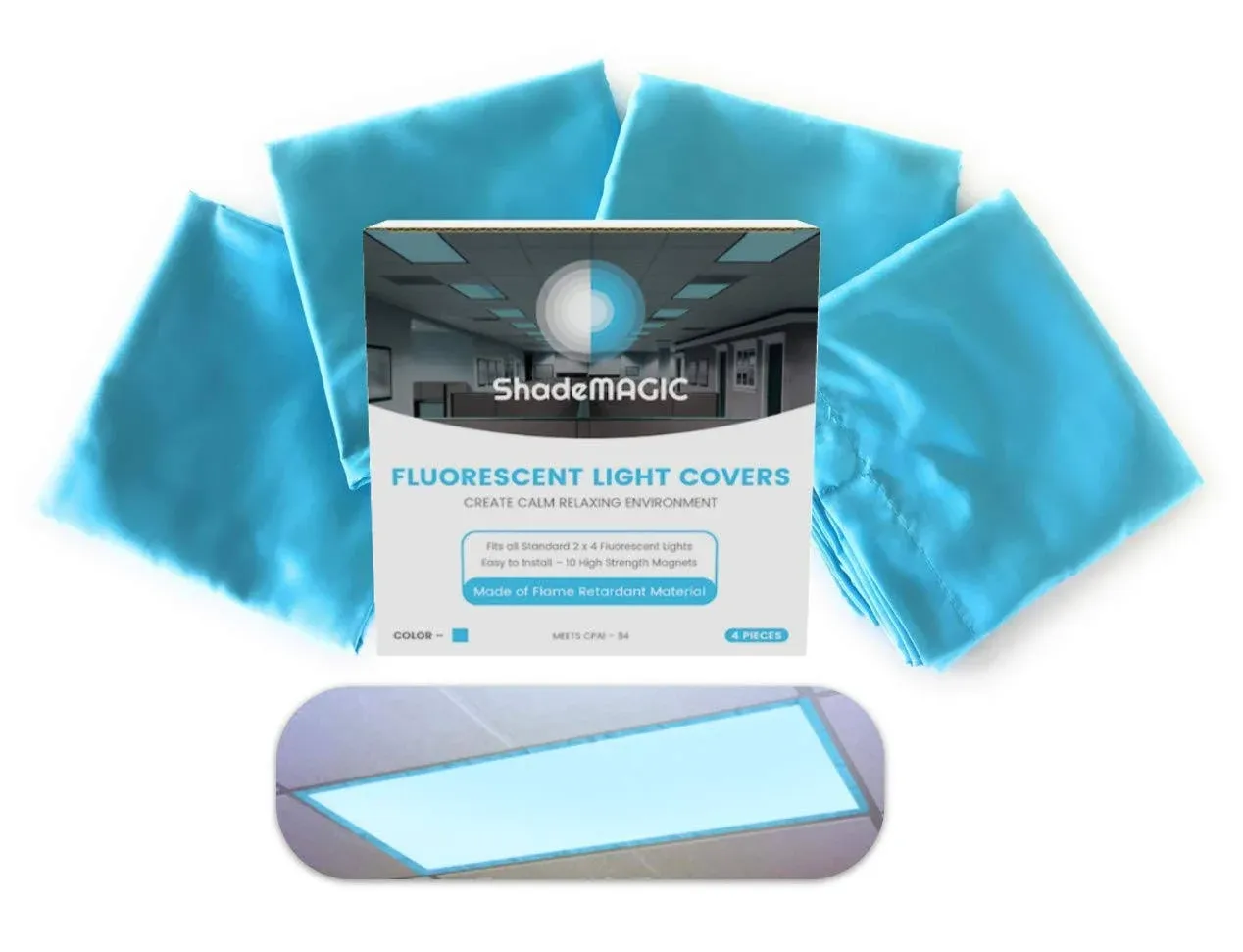 ShadeMAGIC Fluorescent Light Covers for Classroom or Office - Light Filter pack of (4); Eliminate Harsh Glare that causing Eyestrain and Head Strain. Office & Classroom Decorations. Light Diffusers