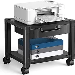 HUANUO Printer Stand with Cable Management and Storage Drawer, Printer Table with Locking Wheels, 14.1-inch Maximum Height Printer Cart for Under Desk, Home, Office, HNDPS