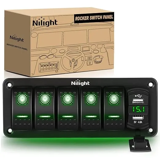 Nilight 5 Gang Rocker Switch Panel with 4.8 Amp Dual USB Charger Voltmeter Waterproof 12V 24V DC Rocker Switch with Night Glow Stickers for Car Trucks Boats RVs