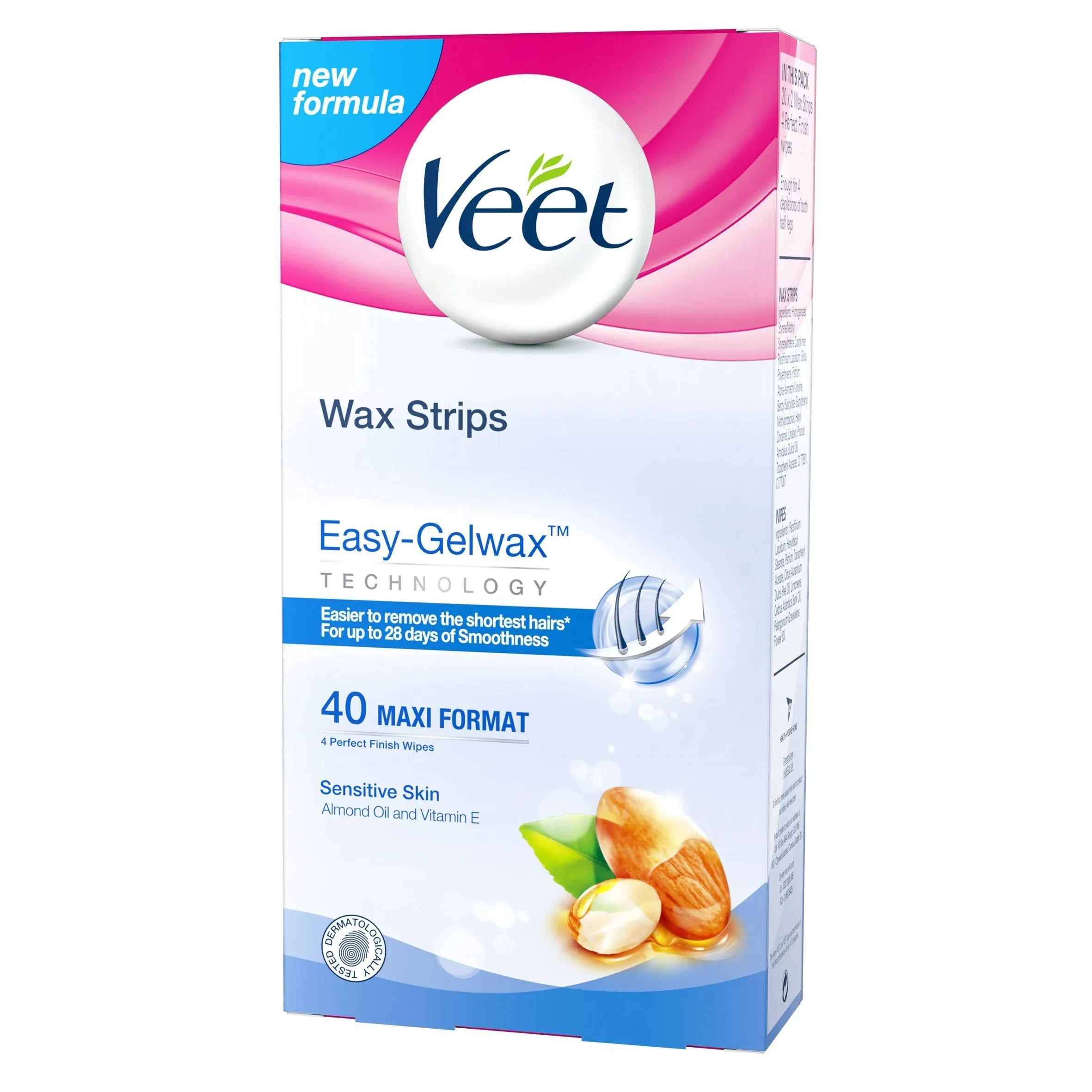 Veet Body And Legs Cold Wax Strips For Sensitive Skin, With Almond Oil And Vitamin E, Pack Of 40 Wax Strips (20 Double Sided Strips)