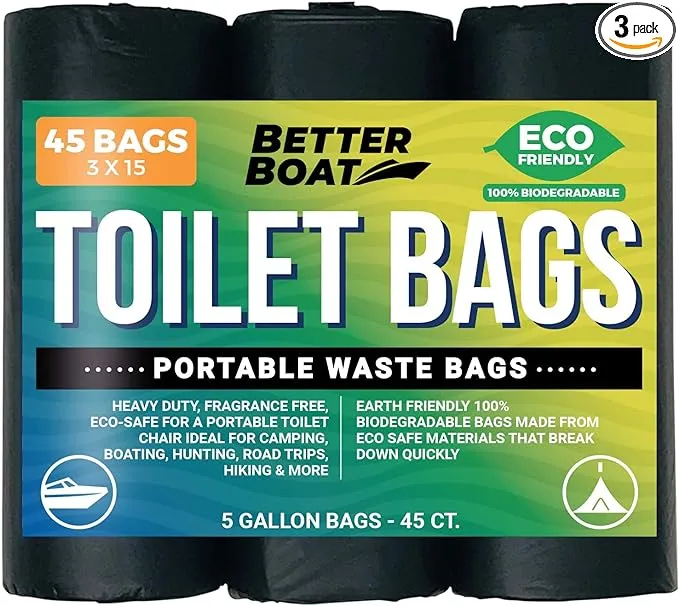 45 Portable Toilet Bags, Biodegradable 5 Gallon Human Waste Bags for Camping, Boating, Car & Compost, Fits Bucket Seat, Outdoor Use