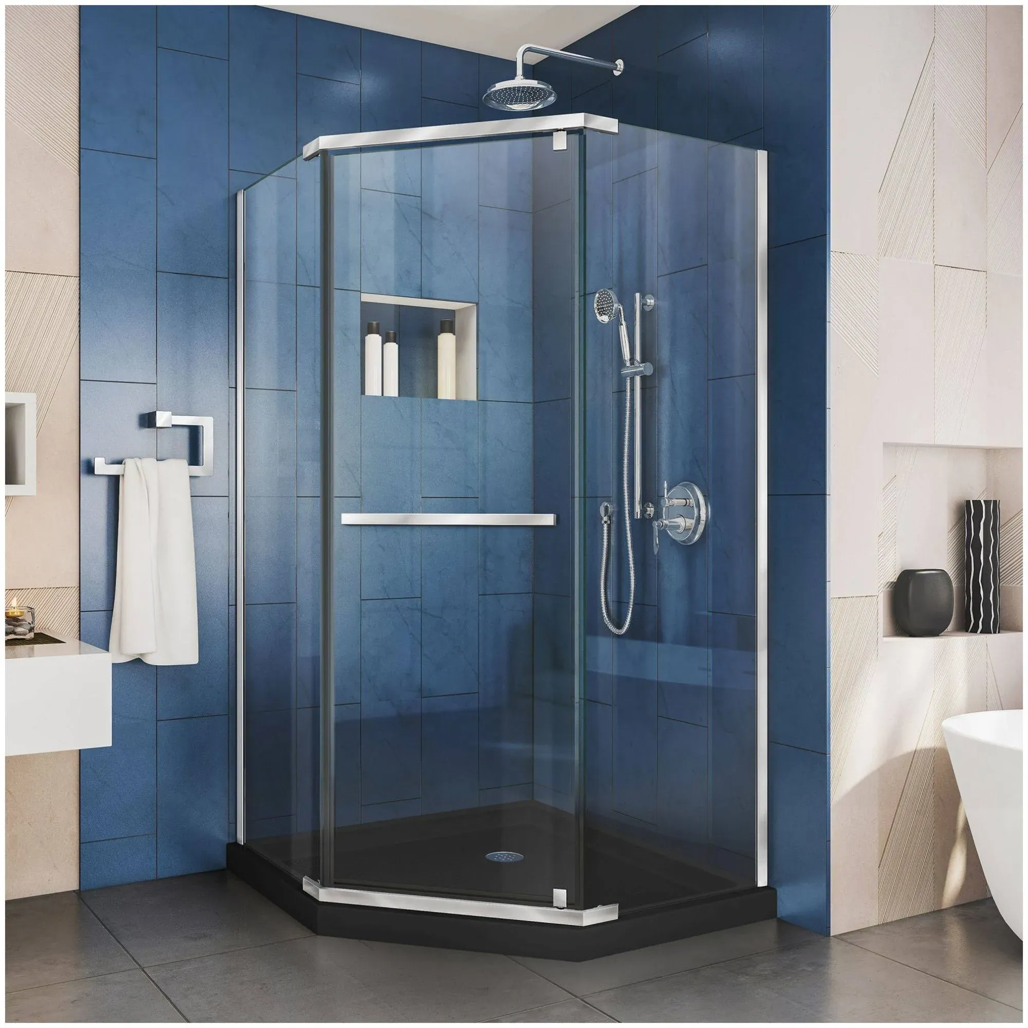 DREAMLINE DL-6030-88 PRISM 36 W X 74 3/4 H INCH FRAMELESS NEO-ANGLE PIVOT SHOWER ENCLOSURE WITH BLACK BASE KIT