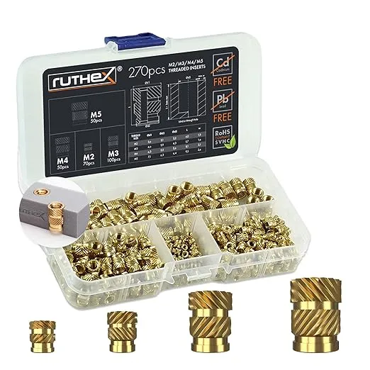 ruthex Threaded Inserts M2 + M3 + M4 + M5 Assortment Box - 70 + 100 + 50 + 50 Pieces - Brass Heat Set Insert for Plastic Parts - Metric knurled Nuts - Insert by Heat into 3D Printing Components