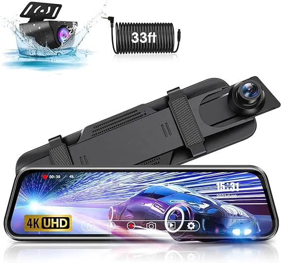 Upgraded 4K 10'' Rear View Mirror Camera Mirror Dash Cam Front and Rear Touch Screen Smart Rear View Mirror Backup Camera 1080P Super Night Vision Parking Monitor Reverse Assist with 32ft Cable