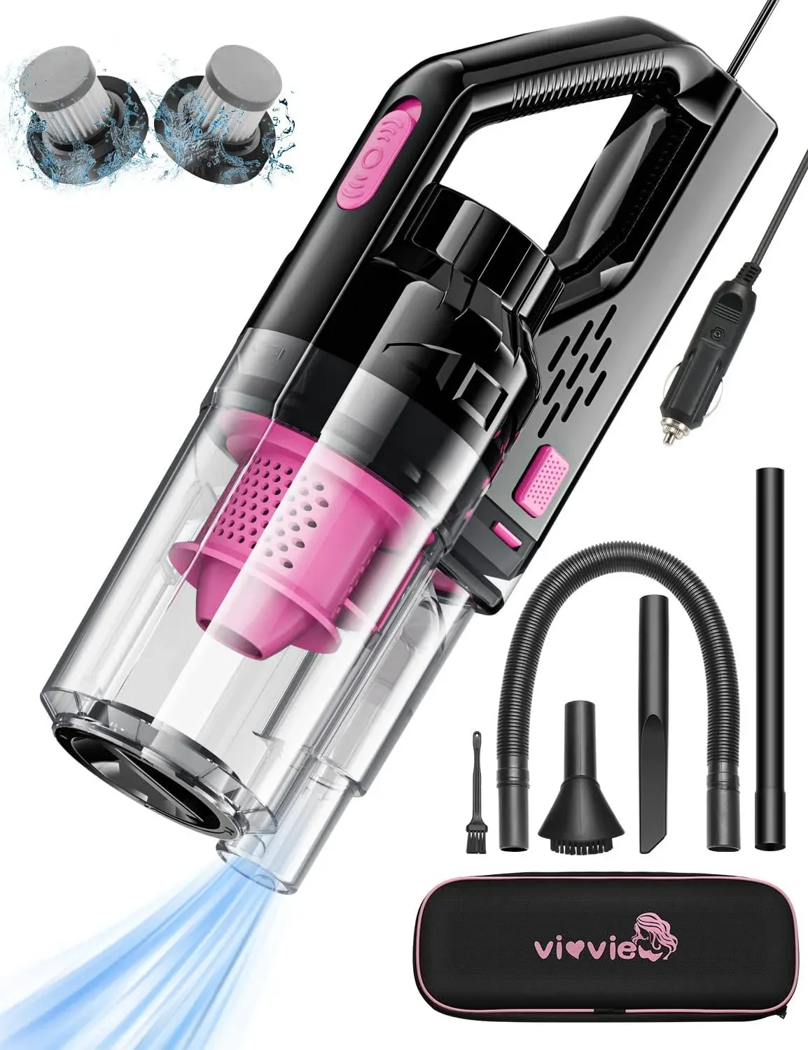 Vioview Pink Car Vacuum Cleaner - Handheld Car Vacuum with Attachments, 15 ft ...