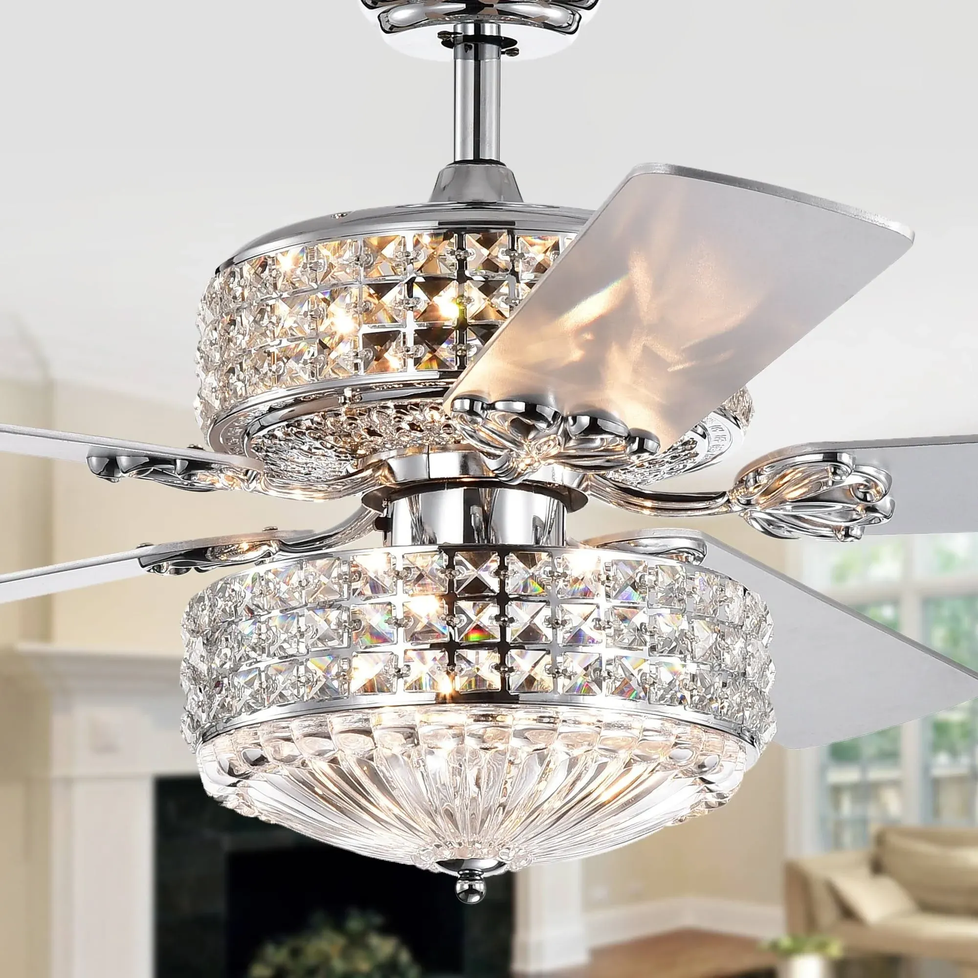 Warehouse of Tiffany CFL-8371REMO/CHD Germane Chrome Dual Lamp 52-inch w Crystal Shades (Includes Remote and Light Kit) Ceiling Fan, Silver