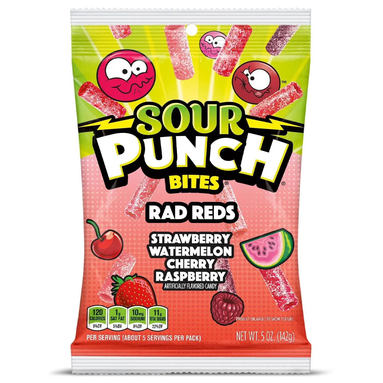 Sour Punch Bites, Rad Reds Watermelon, Strawberry, Cherry & Raspberry Chewy Candy, 5oz Bag (Pack of 12) (Packaging may vary)