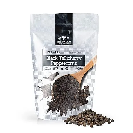 The Spice Lab - Black Tellicherry Peppercorns for Grinder Packed in the USA - Steam Sterilized Kosher Non-GMO All Natural Black Pepper 5015 (4 oz Resealable Bag)