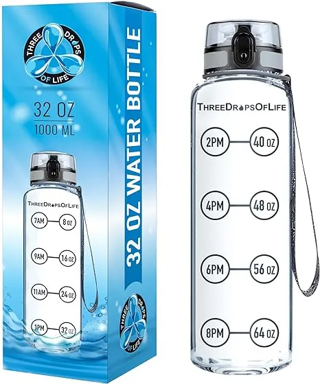 Time Marked Water Bottle, Clear Sports Timed Water Bottle 32 oz, Best for Measuring Water Intake, Tritan BPA-Free One Liter Water Bottle Tracker