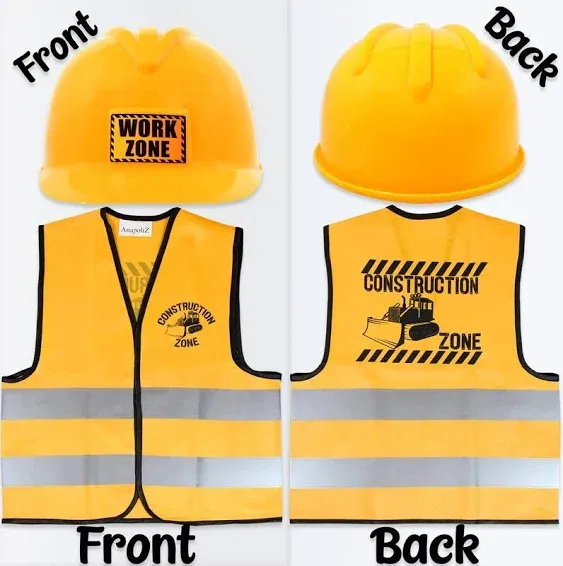 AnapoliZ Kids Construction Vest plus Hat Set | 2 Pcs Kids Construction Worker Vest & Hat Dress Up | Yellow Reflective Vest Construction, plus Yellow Plastic Childrens Hard Hat | Construction Costume