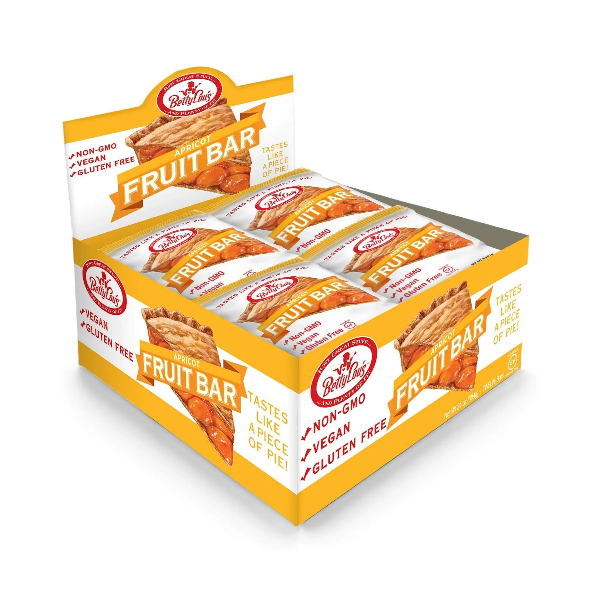 Betty Lou's Fruit Bars, Apricot Pack of 12, Gluten Free, Vegan, Non GMO, Deliciously Healthy Snacks Made with All Natural Fruit Juice, Individually Wrapped, 2 oz. Each, 12 Bars