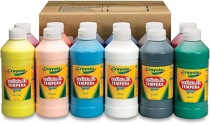 Crayola Artista II Washable Liquid Tempera Paint, Set of 12, 16oz , Assorted Colors (54-8216)