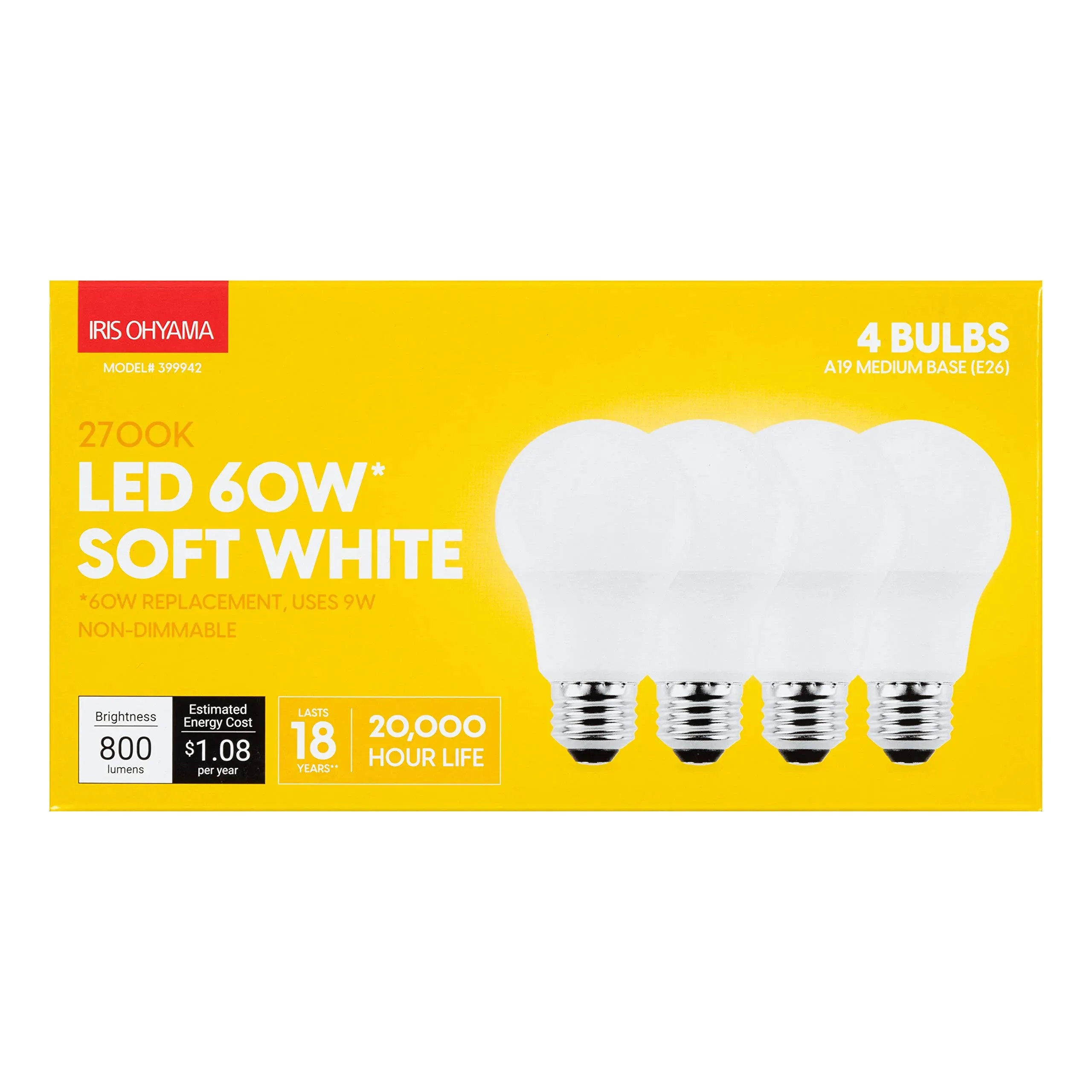 Iris USA, Inc. Ohyama Non-Dimmable A19 LED Light Bulb with 20,000 Hours/18 Years Life span, 2700K 9w/60w Equivalent, Soft White, 4 Pack