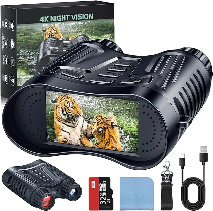 4K Night Vision Goggles Binoculars - Infrared Night Vision in 100% Darkness, 3.2'' Large Screen, 8X Digital Zoom, 32GB Card to Save Photos and Videos for Camping Hunting & Security