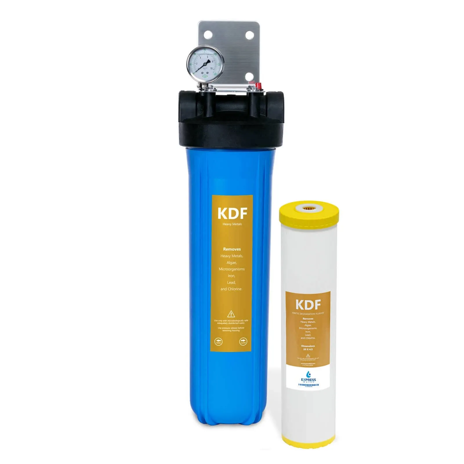 Express Water Whole House Water Filter, 1 Stage Home Water Filtration System, KDF Heavy Metal Filter, Includes Pressure Gauges, Easy Release, and 1 Inch Connections.