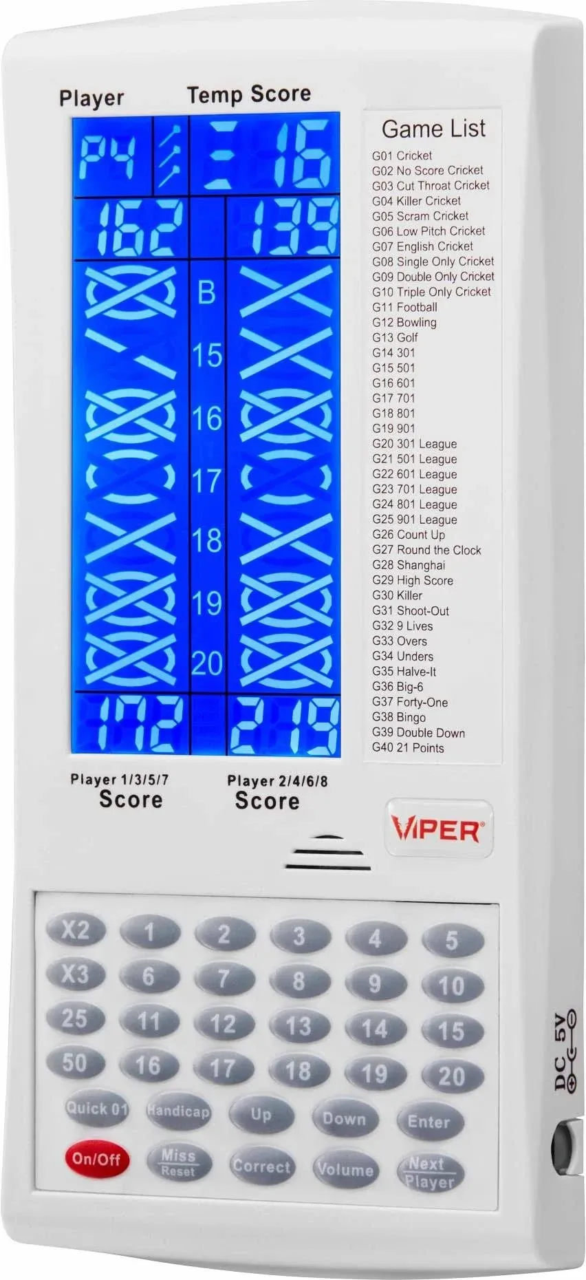 Viper by GLD Products ProScore Digital Dart Scorer Electronic Dartboard Scoreboard for Up to 8 Players, with 40 Games and 655 Game Options, Including Cricket and X01, White