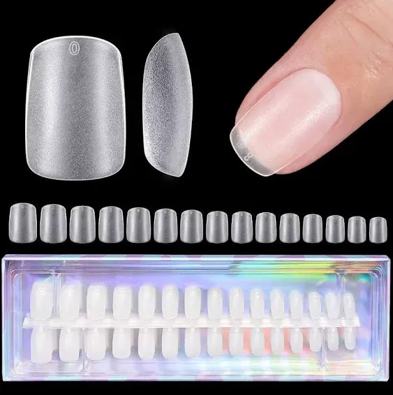 BTArtbox Short Square Gel Nails - Natural XCOATTIPS Short Fake Nails with Tip Primer Cover, Stronger Nail Adhesion, Full Matte Soft Gel Nail Tips, Clear Nail Tips Fake Nails for Nail Extensions