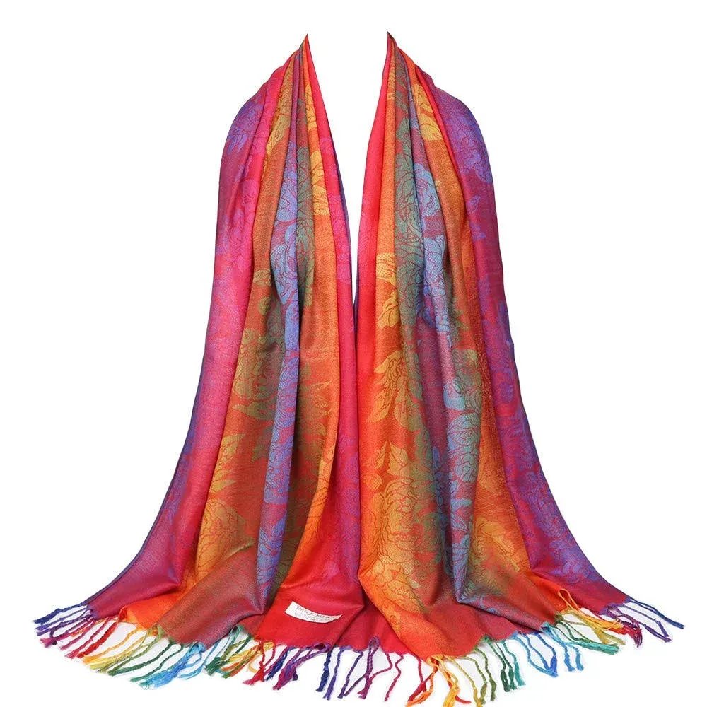 Neelamvar Colorful Flowers Jacquard Cotton Pashmina Women Wrap Shawl Tassels Scarves