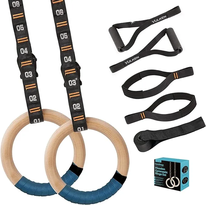 Vulken Wooden Gymnastic Rings with Adjustable Numbered Straps. 1.25'' Olympic Rings for Core Workout, Crossfit, Bodyweight Training. Home Gym Rings with 8.5ft Exercise Straps and Workout Handles.