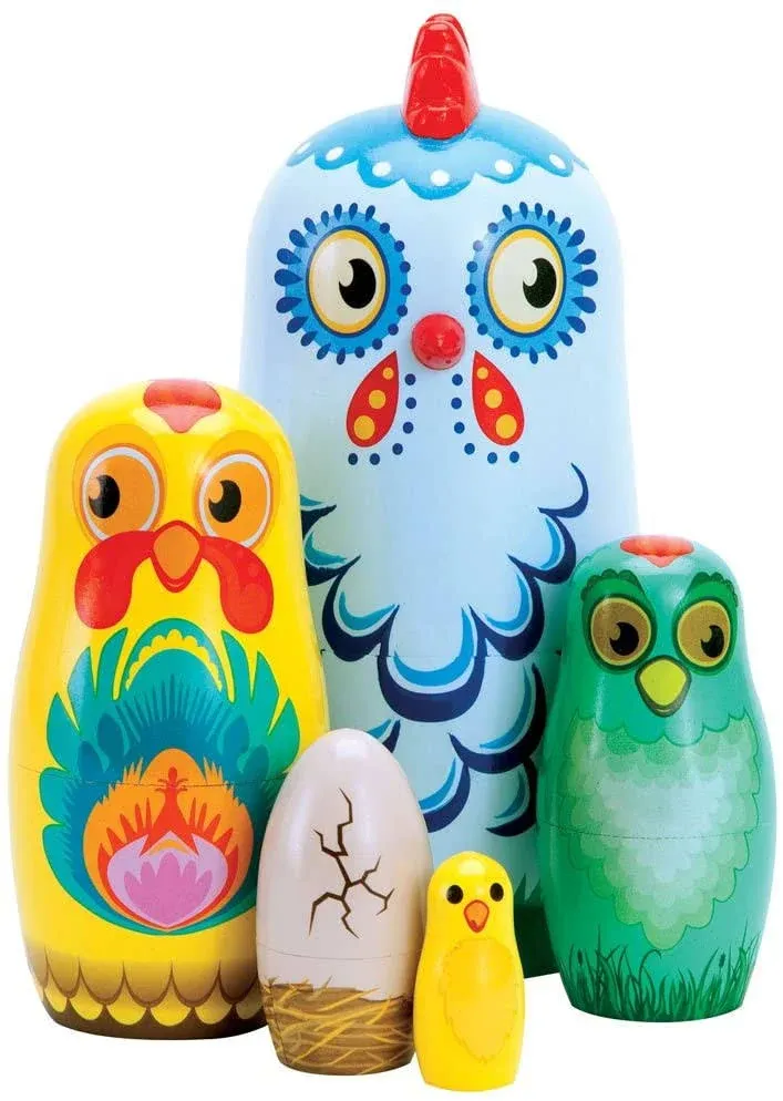 Bits and Pieces - Hazel & Friends Nesting Chickens - Hand Painted Wooden Nesting Dolls - Matryoshka - Set of 5 Dolls from