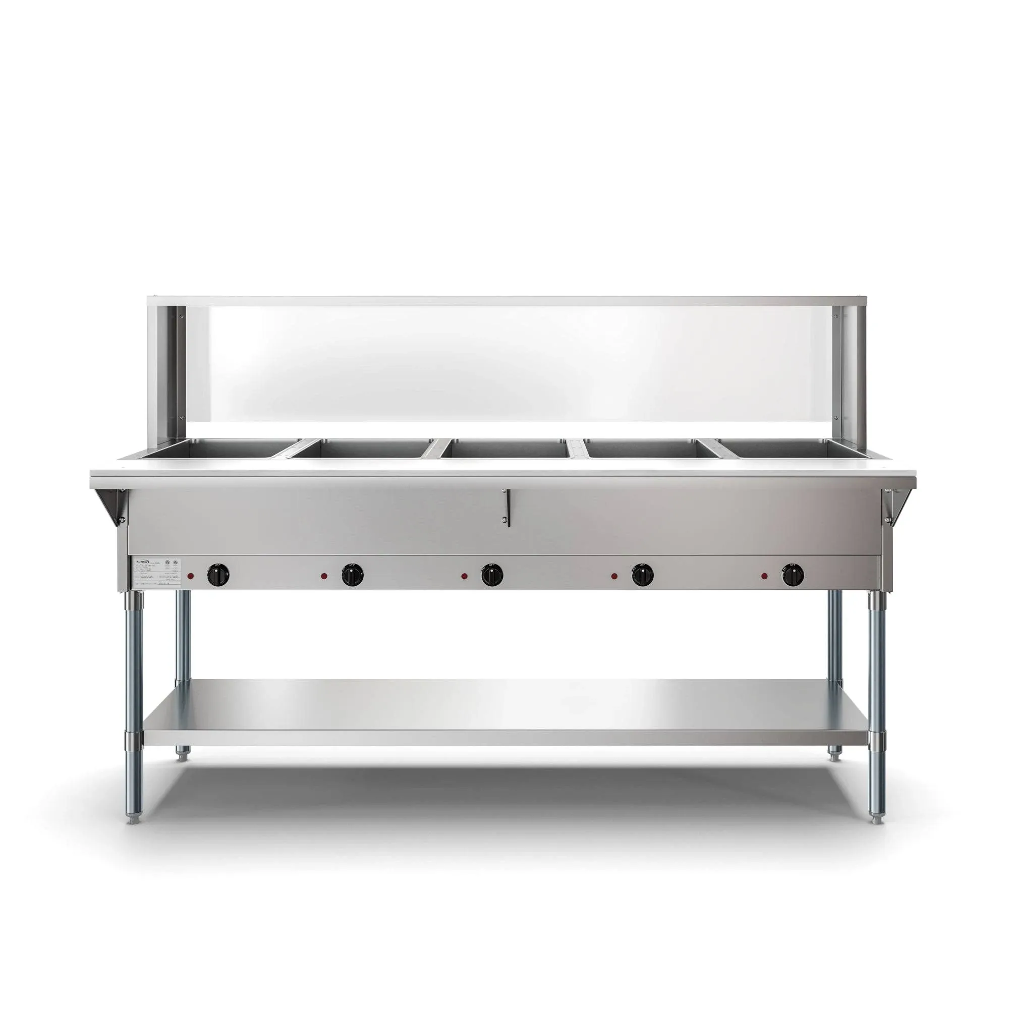 KoolMore 5-Pan Open Well Commercial Electric SS Steam Table Food Warmer for Buffets with Sneeze Guard, Overshelf, Undershelf, Warming Control Knobs, Front Serving Area [240V] (KM-OWS-5SG), Silver