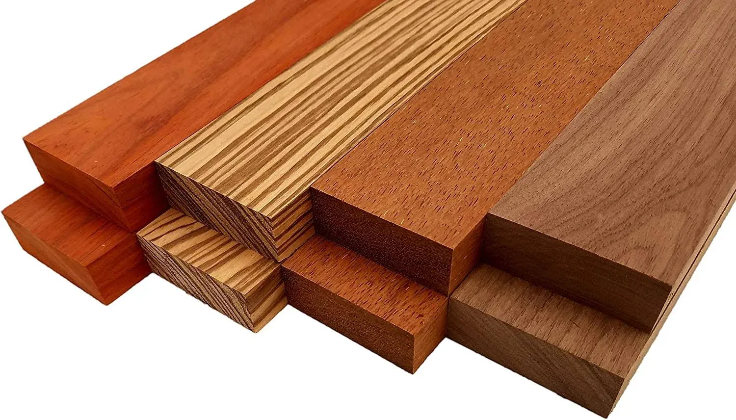 Imported Exotic Hardwood Variety Pack - Zebrawood, Purpleheart, Padauk, Okoume - 3/4" x 2" (8 Pcs) (3/4" x 2" x 36")