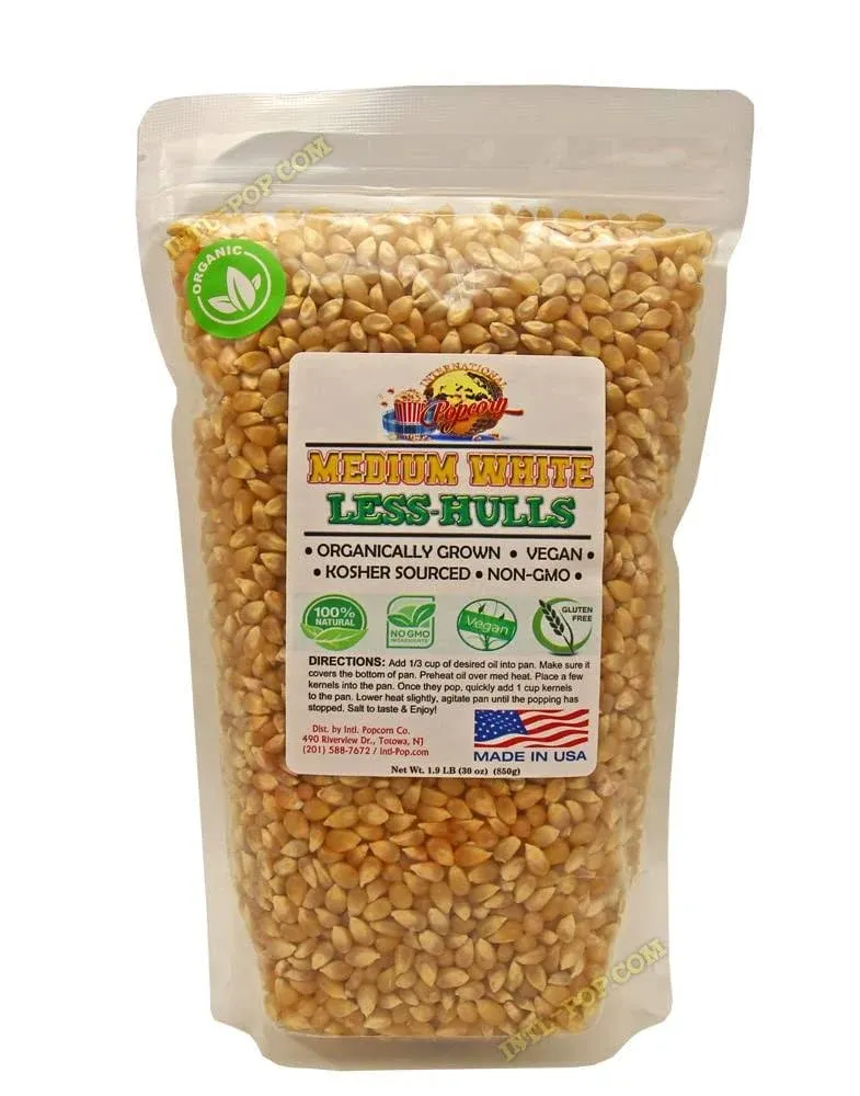 Organic, 1.9 lb White Virtually Hulless (Less Hulls) Popcorn Kernels • Resealable ...