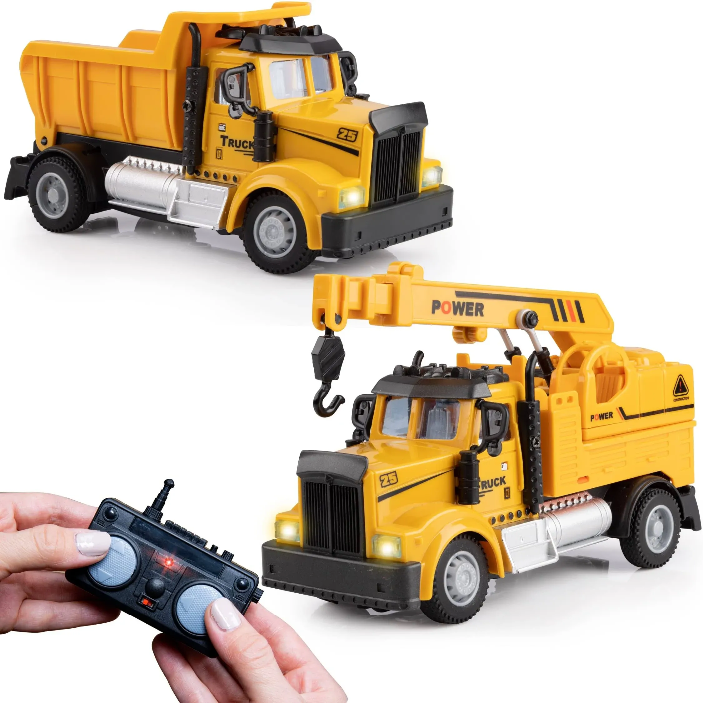 Force1 Mini Construction RC Trucks for Kids - 2 Pack Remote Control Toy Trucks Set with Mini Scoop RC Truck, Mini Cement Mixer Toy Truck 2.4GHz Remote Controls Bright LEDs and RC Toy Batteries Yellow