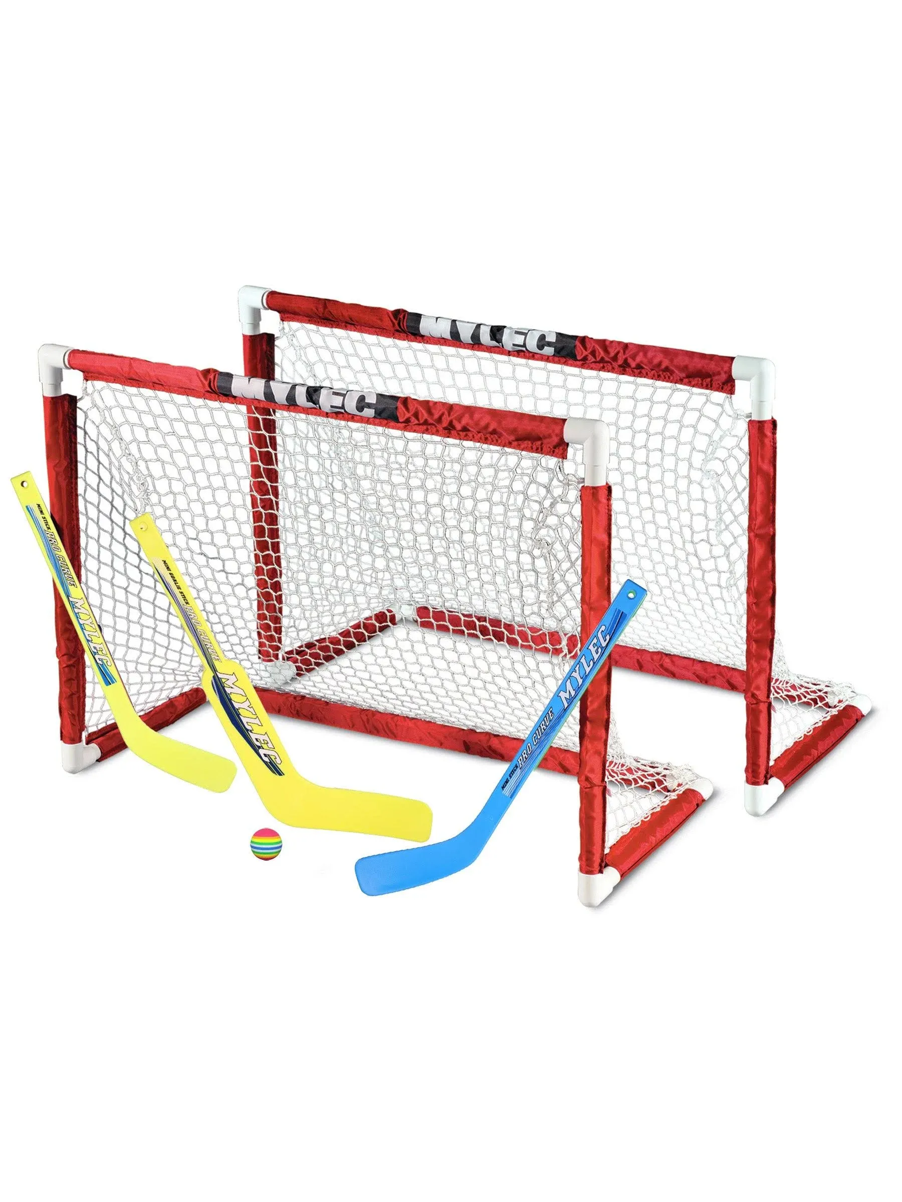 Mylec MINI Deluxe Hockey Set, 2 Hockey Nets, 2 Plastic Hockey Sticks, 1 Plastic Hockey Goalie Stick, 1 Hockey Ball, Sleeve netting system for plastic MINI pipes, Lightweight, MINIATURE, 30.5" x 23"