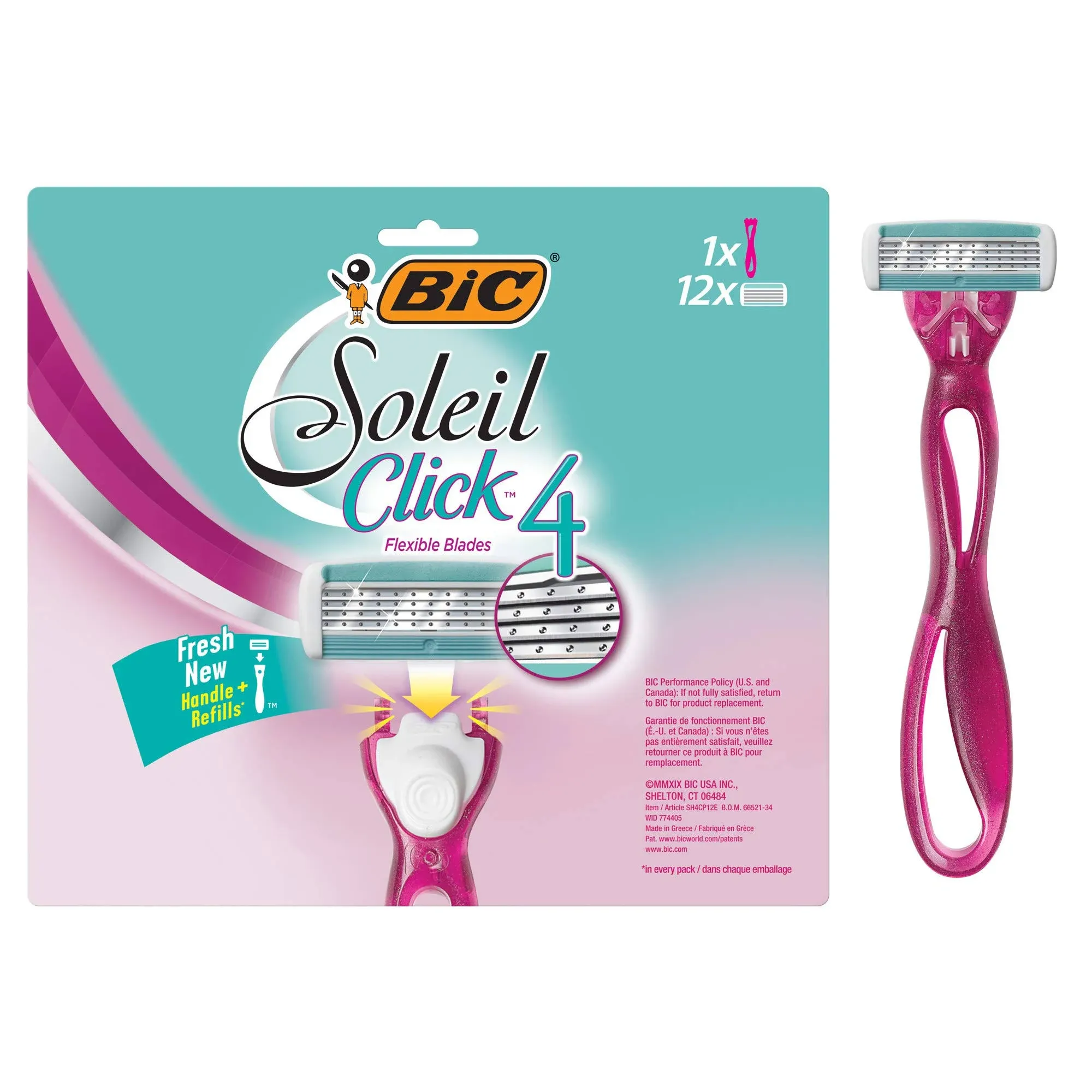 Bic Soleil Bella Click Women's 4-Blade Disposable Razor, 1 Handle and 12 Cartridges