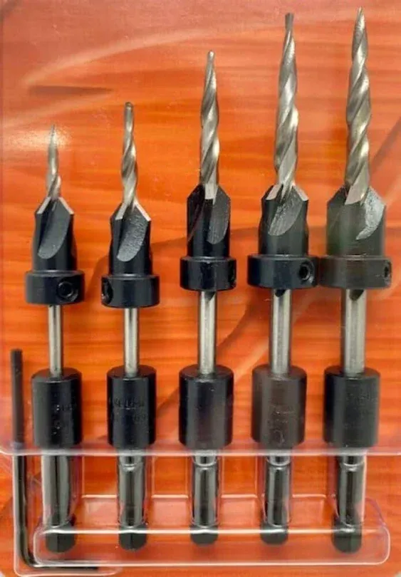 Set of 5 Countersinks with Hex Shank Taper Point Drills & 1 - Hex Key, by W. L. Fuller, for # 5, 6, 8, 10, & 12 Screws Made in The USA