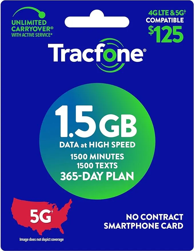 TracFone (Smartphone Only) Airtime Prepaid Service Card - Mail Delivery - 1.5GB Data / 1500 Minutes / 1500 Texts (1500 Minutes / 1500 Texts / 1.5GB Data, 365 Days)